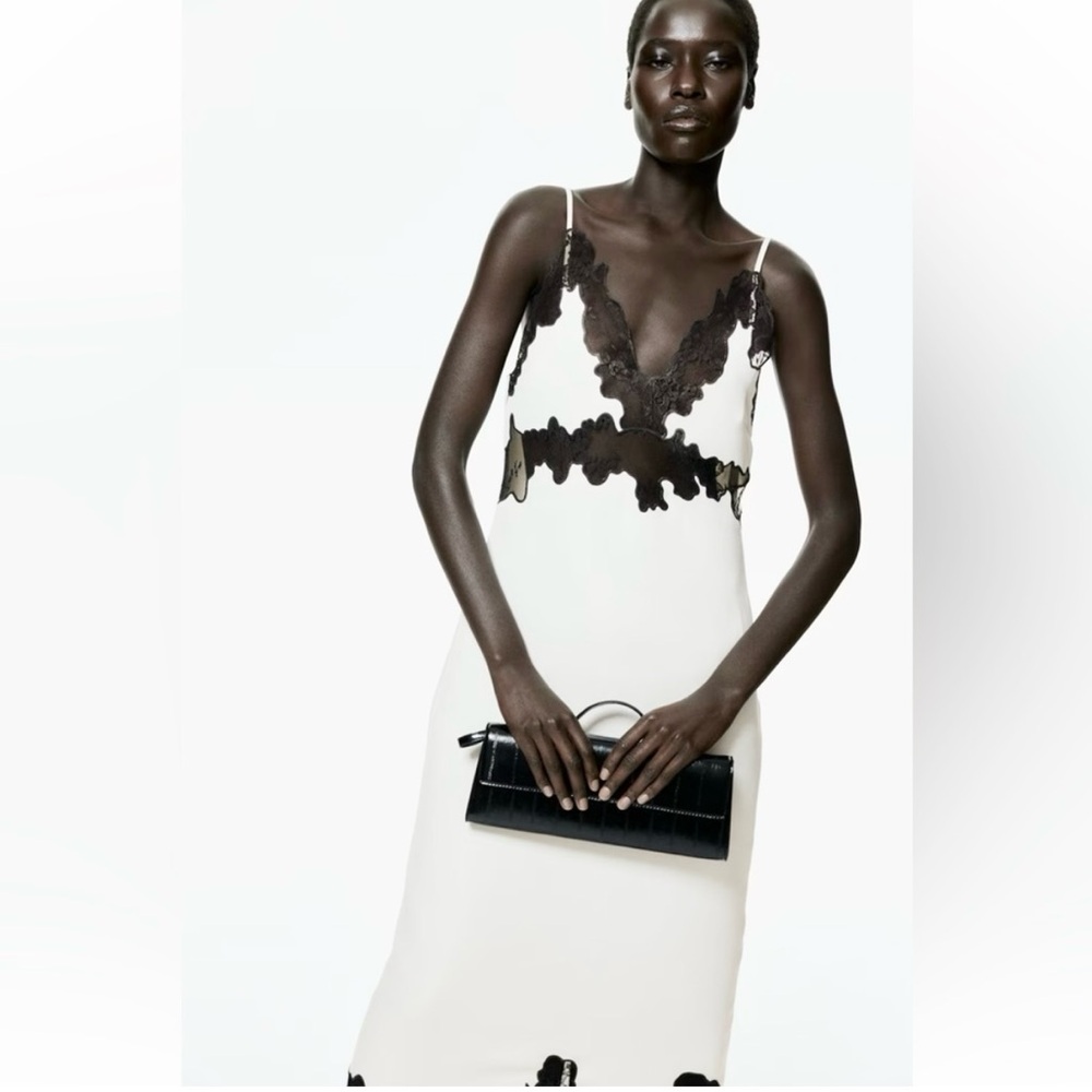 H&M White Midi Slip Dress with Black Lace Trim - Picture 5 of 9